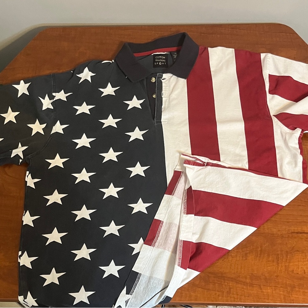 USA Patriotic Stars and Stripes Polo Shirt XL 100% Cotton Traders Sport